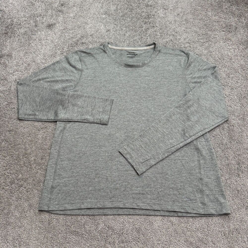 Saucony Running Shirt Womens Large Heather Gray Long Sleeve Thumbholes Active